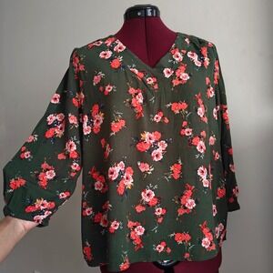 St‎ John's Bay Women's Green Floral Print V Neck 3/4 Puff Sleeve Blouse PM